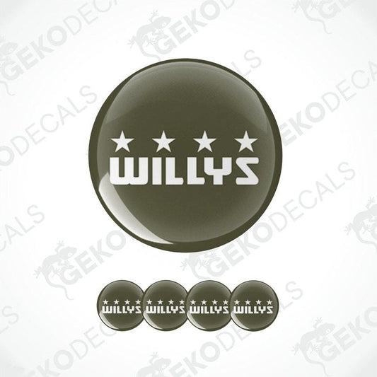 A set of round vehicle decals with the text 'WILLYS' on them, presented in a layout that suggests one large decal and four smaller ones.