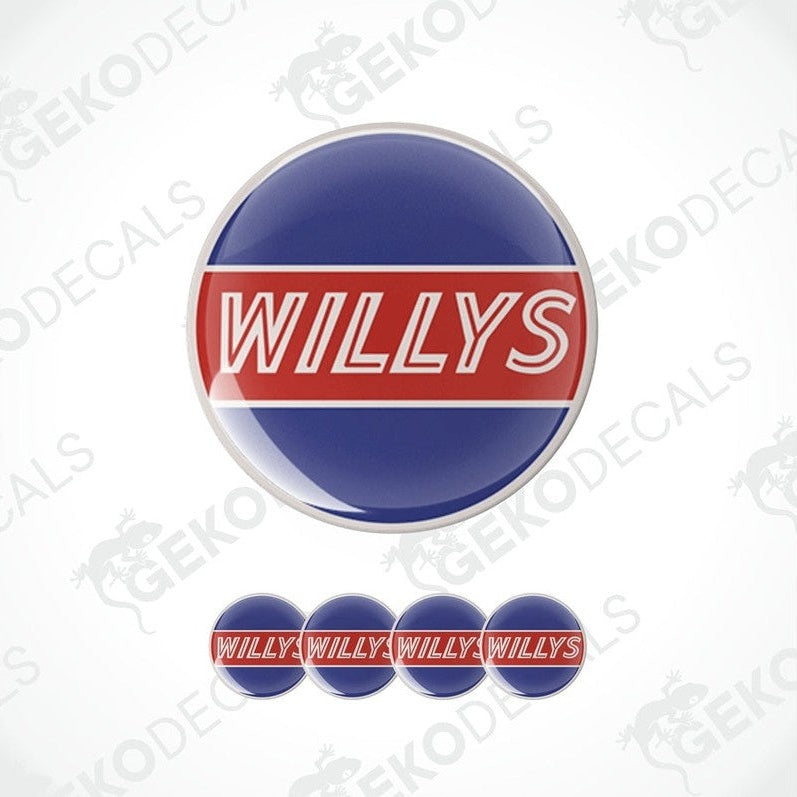 A set of four round car decals with the text 'WILLYS' on a blue background