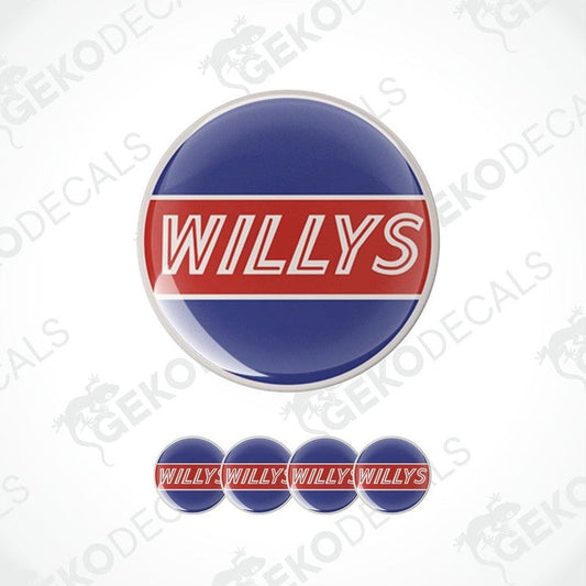 A set of four round car decals with the text 'WILLYS' on a blue background