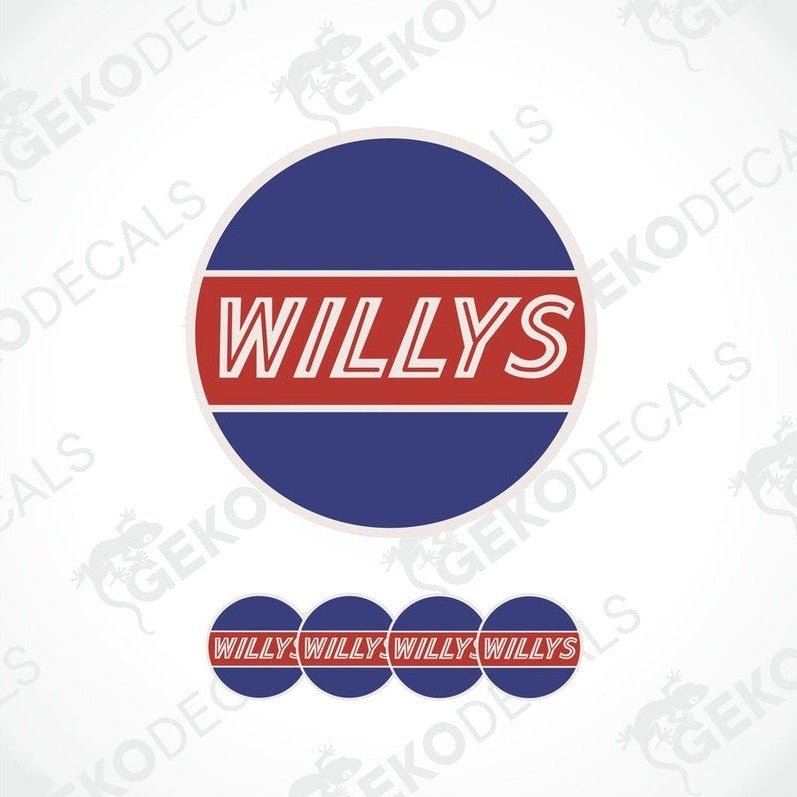 A set of four round car decals with the text 'WILLYS' on a blue background