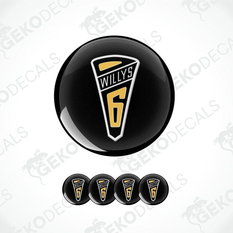 A set of black, yellow, and white vinyl decals with the text 'WILLYS 6' on them, designed for vehicle decoration.