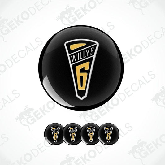 A set of black, yellow, and white vinyl decals with the text 'WILLYS 6' on them, designed for vehicle decoration.