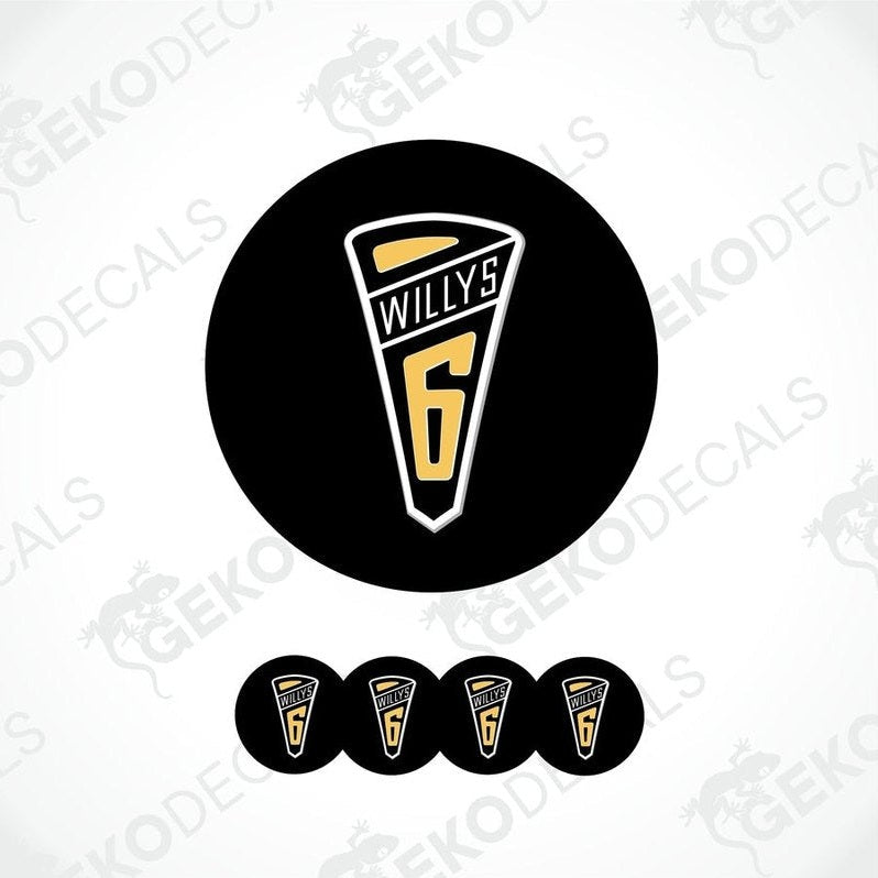 A set of black, yellow, and white vinyl decals with the text 'WILLYS 6' on them, designed for vehicle decoration.