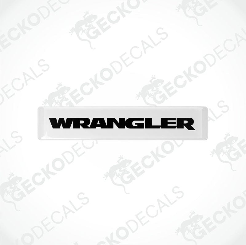 Withe and black vinyl decals with the word 'WRANGLER' printed on them