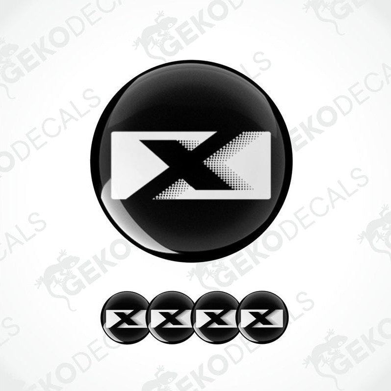 A set of four black and white vinyl decals with a geometric 'X' pattern, intended for use as car stickers.