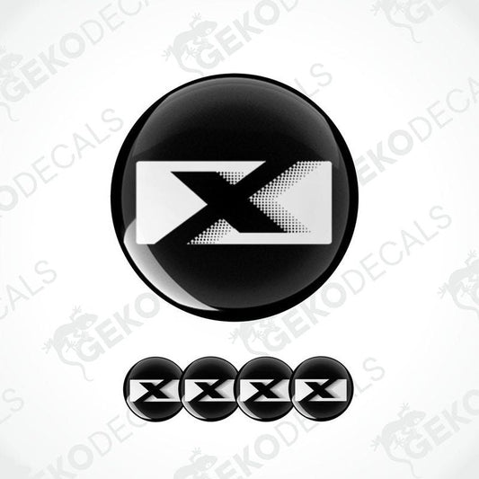 A set of four black and white vinyl decals with a geometric 'X' pattern, intended for use as car stickers.