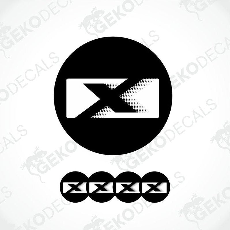 A set of four black and white vinyl decals with a geometric 'X' pattern, intended for use as car stickers.
