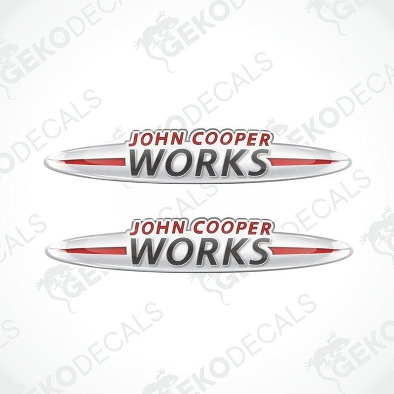 Two vinyl decals with 'John Cooper Works' text, predominantly red and silver in color, designed for vehicle use.