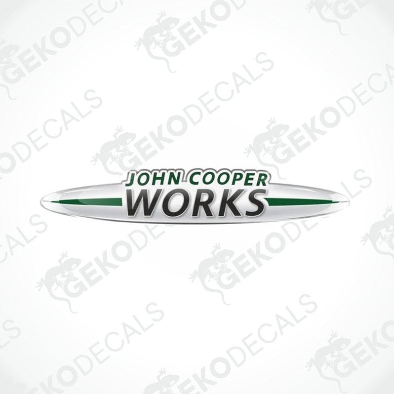 Vinyl decals with 'John Cooper Works' text, predominantly white with green accents and a silver outline.