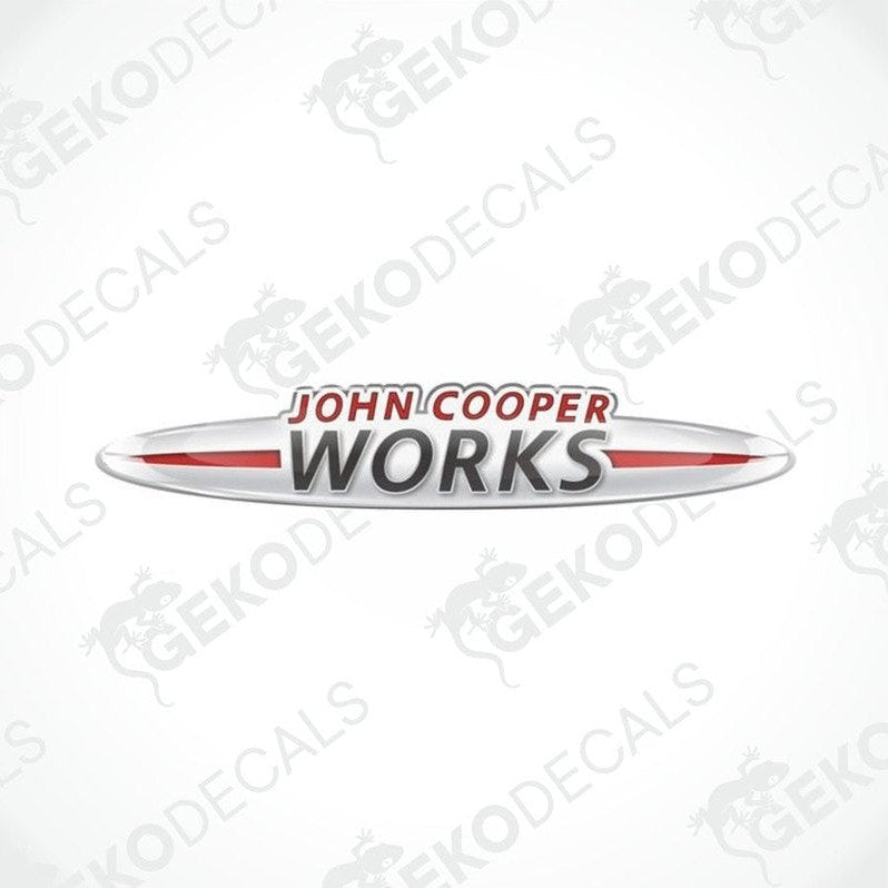  Vinyl decals with 'John Cooper Works' text, predominantly red and silver in color, designed for vehicle use.