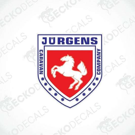 A die cut sticker with a shield shape featuring the name 'JÜRGENS' and an image of a horse, predominantly red and white with blue accents.