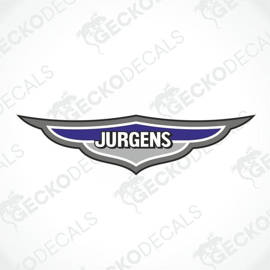A printed and laminated die cut sticker with the text 'JURGENS' on a white background. The sticker has a geometric design with a combination of purple and gray colors.