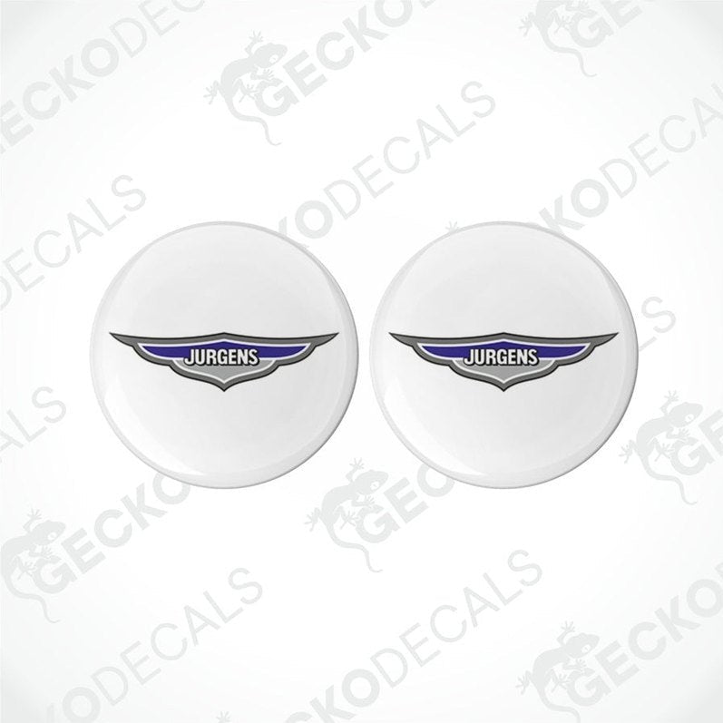 Jurgens epoxy resin decals set with domed glossy finish and wing logo