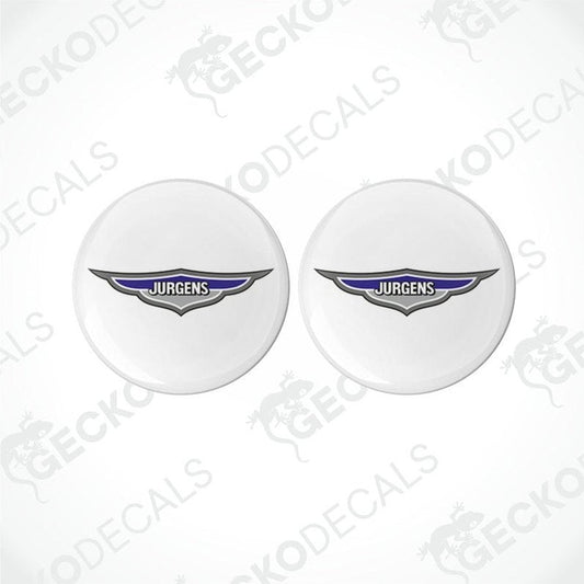 Jurgens epoxy resin decals set with domed glossy finish and wing logo