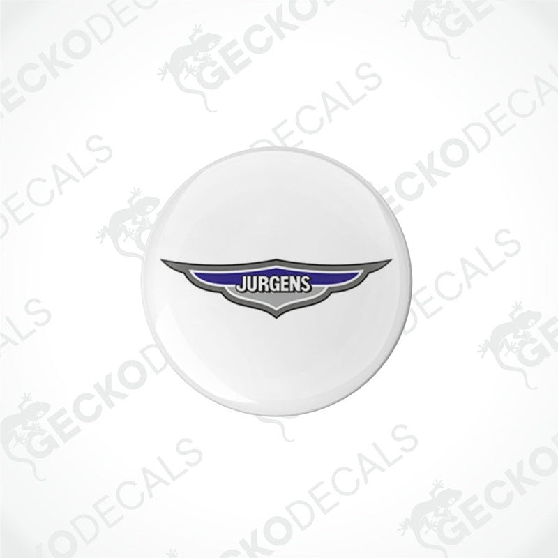 Single Jurgens domed vinyl decal with polyurethane coating and blue logo