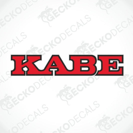 A die cut sticker with the text 'KABE' printed in red on a white background.