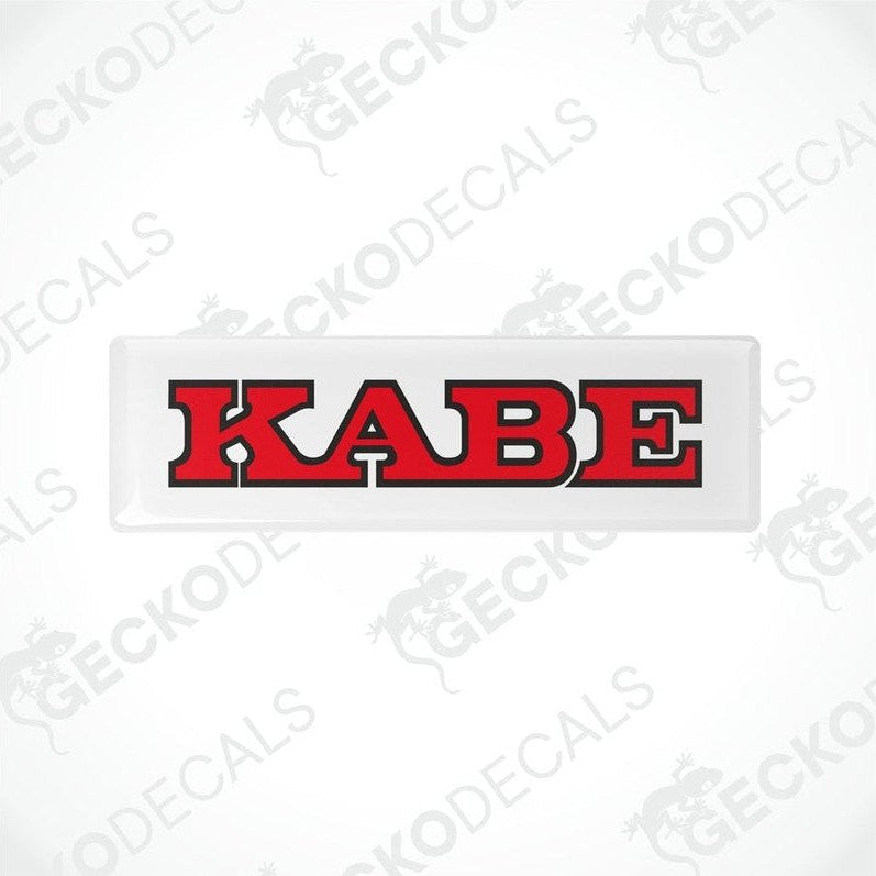 Two red and white car decals with the word 'KABE' printed in bold letters.