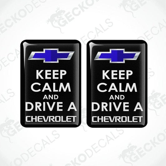 Two black vinyl stickers with the text 'KEEP CALM AND DRIVE A CHEVROLET' and the Chevrolet logo.