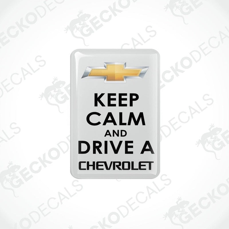 Two white vinyl stickers with the text 'KEEP CALM AND DRIVE A CHEVROLET' and the Chevrolet logo.