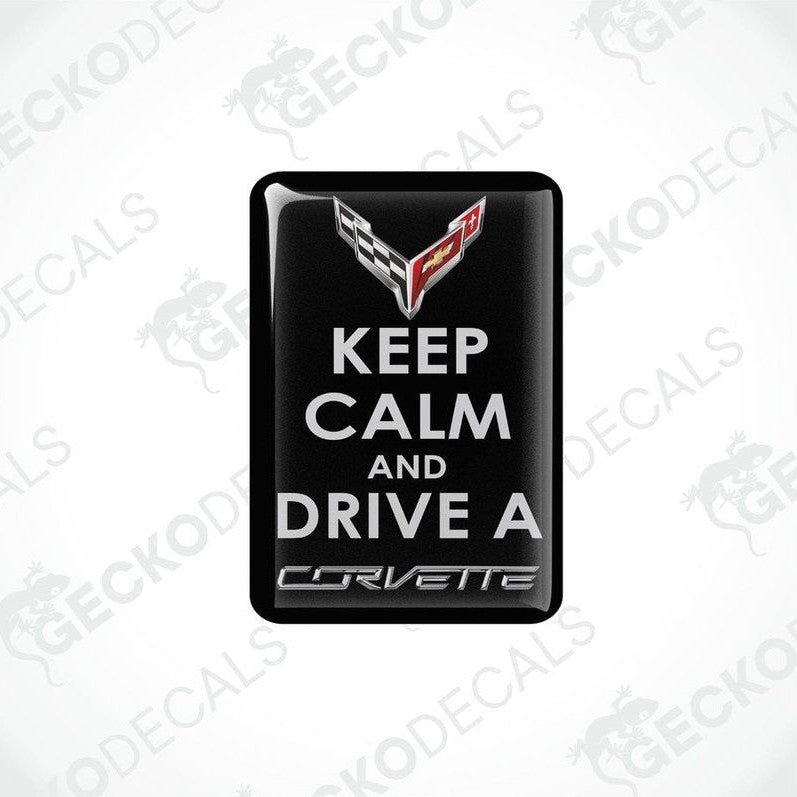 Black vinyl stickers with the text 'KEEP CALM AND DRIVE A CORVETTE' and the Chevrolet Corvette logo.