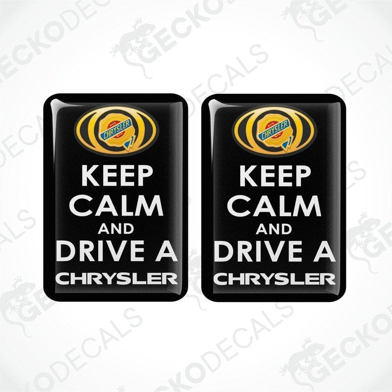 Two black vinyl stickers with the text 'KEEP CALM AND DRIVE A CHRYSLER' and the Chrysler brand logo.