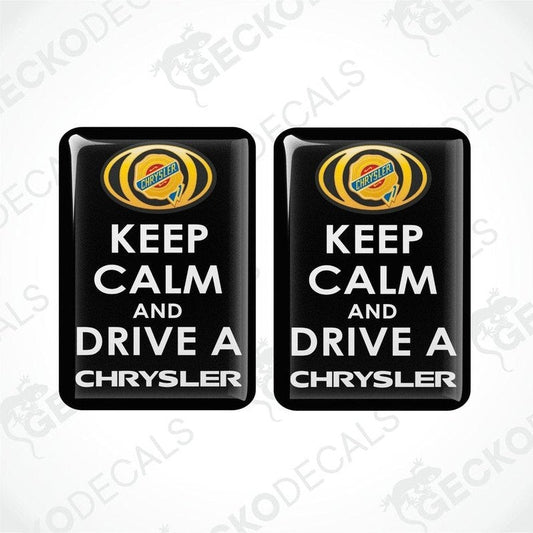 Two black vinyl stickers with the text 'KEEP CALM AND DRIVE A CHRYSLER' and the Chrysler brand logo.
