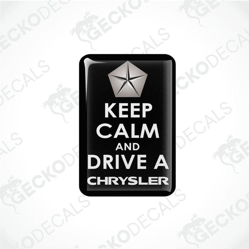 Rectangular black vehicle decals with white text and a silver star symbol, one saying 'KEEP CALM AND DRIVE A CHRYSLER'.