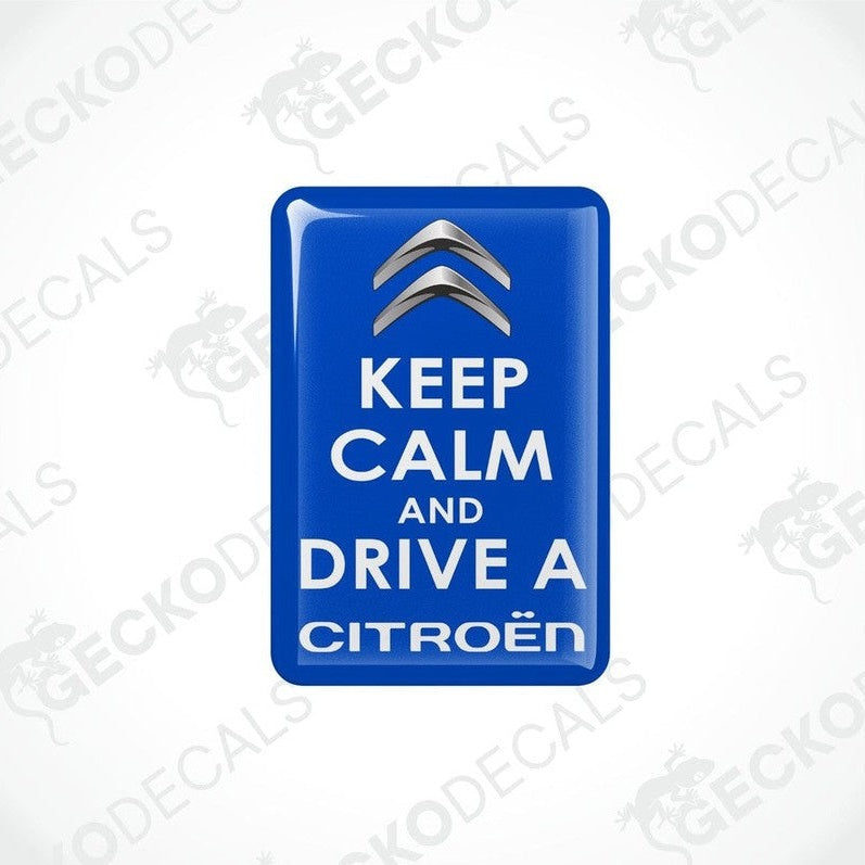 Blue rectangular vinyl decals with the text 'KEEP CALM AND DRIVE A CITROÉN' on them.