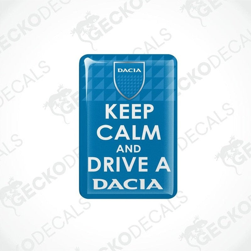  Blue rectangular car decals with the text 'KEEP CALM AND DRIVE A DACIA' on them.