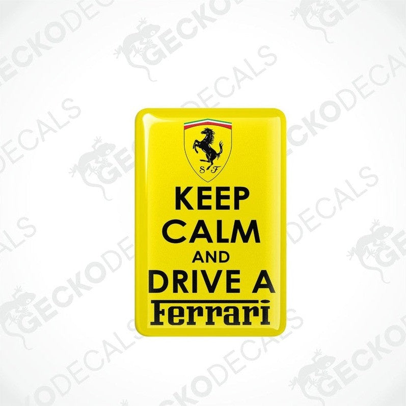  Rectangular yellow vinyl decals with 'KEEP CALM AND DRIVE A FERRARI' text and the Ferrari logo in yellow.