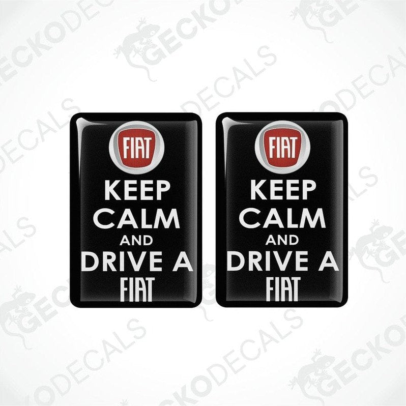 Two black vinyl stickers with the text 'KEEP CALM' and 'DRIVE A FIAT' along with the Fiat logo.