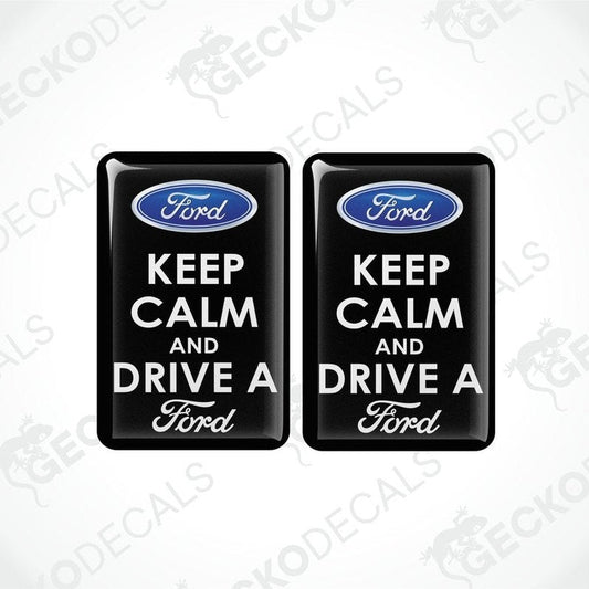 Two black vinyl stickers with the text 'KEEP CALM AND DRIVE A FORD' and the Ford logo.