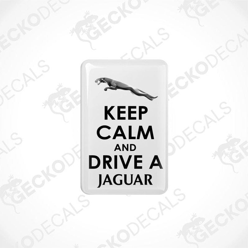 White vinyl stickers with 'KEEP CALM AND DRIVE A JAGUAR' text and a Jaguar logo.