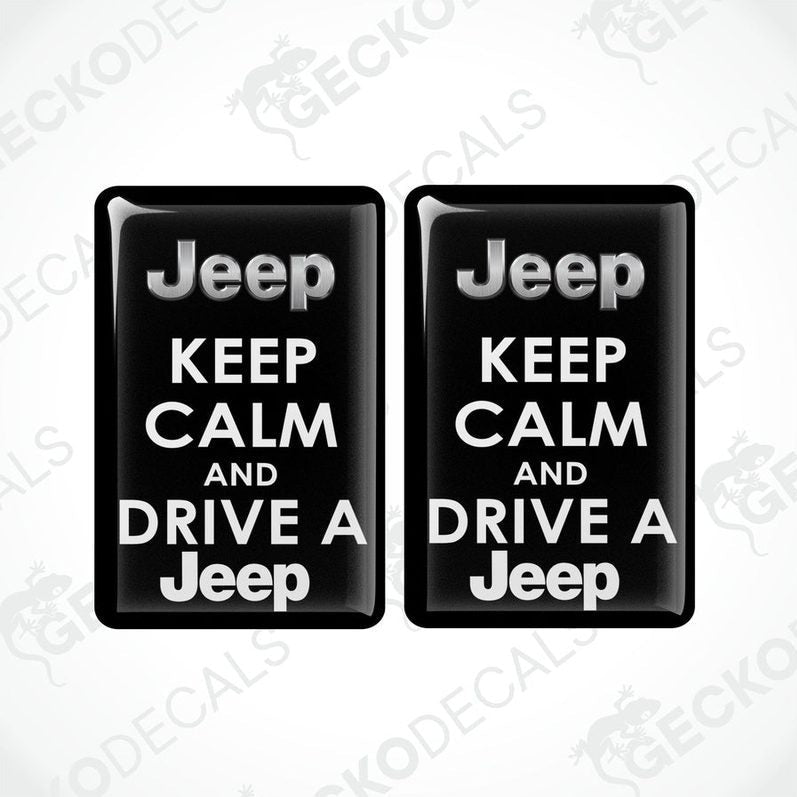 Two black rectangular car decals with white text saying 'Jeep KEEP CALM AND DRIVE A Jeep'