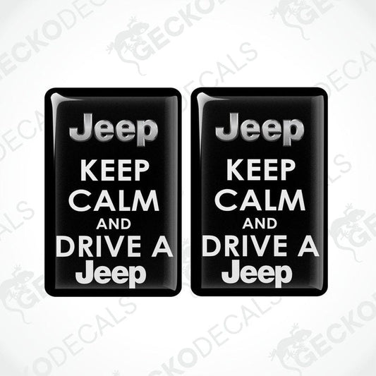 Two black rectangular car decals with white text saying 'Jeep KEEP CALM AND DRIVE A Jeep'
