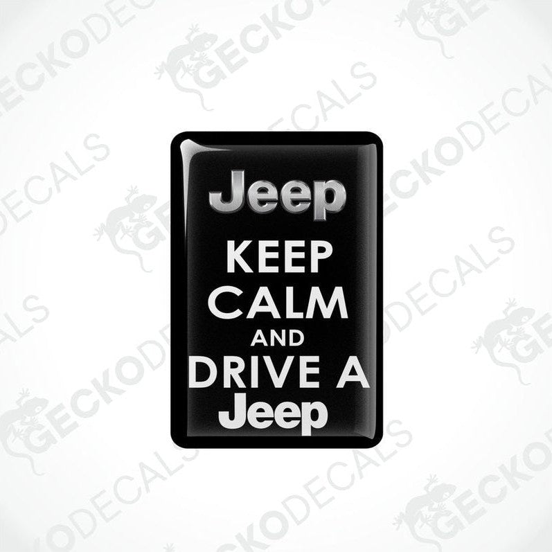 Black rectangular car decals with white text saying 'Jeep KEEP CALM AND DRIVE A Jeep'
