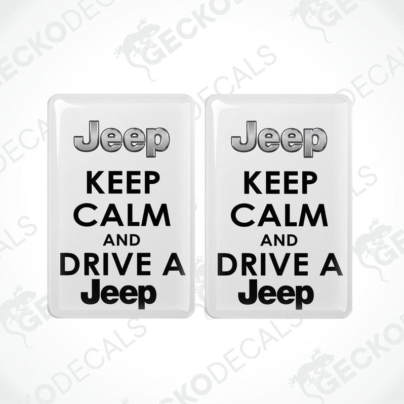 Two withe rectangular car decals with white text saying 'Jeep KEEP CALM AND DRIVE A Jeep'