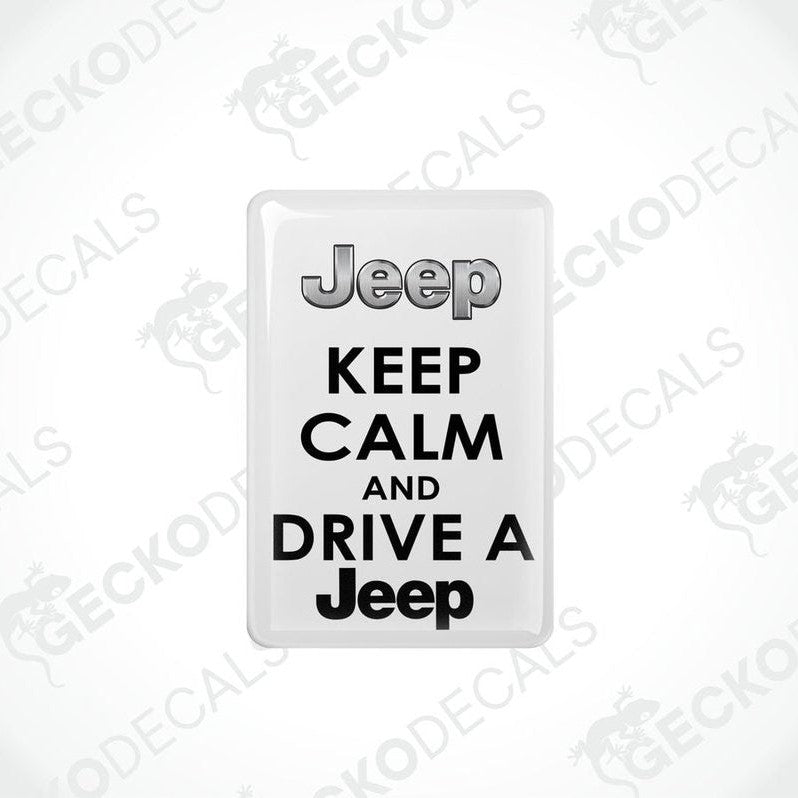 Withe rectangular car decals with white text saying 'Jeep KEEP CALM AND DRIVE A Jeep'
