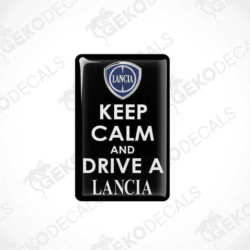 Black vinyl decals with white text saying 'KEEP CALM AND DRIVE A LANCIA' and the Lancia logo above the text.