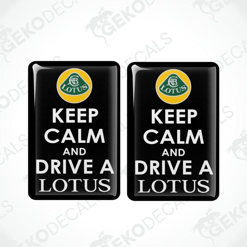 Two black vinyl stickers with a 'KEEP CALM AND DRIVE A LOTUS' text and a yellow and green geometric design.