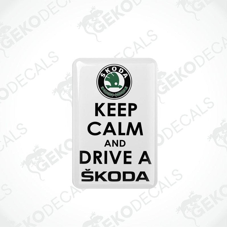 Withe vinyl stickers with the text 'KEEP CALM AND DRIVE A SKODA' and the Skoda logo.