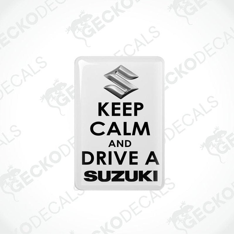  Withe vinyl stickers with the text 'KEEP CALM AND DRIVE A SUZUKI' and the Suzuki logo.