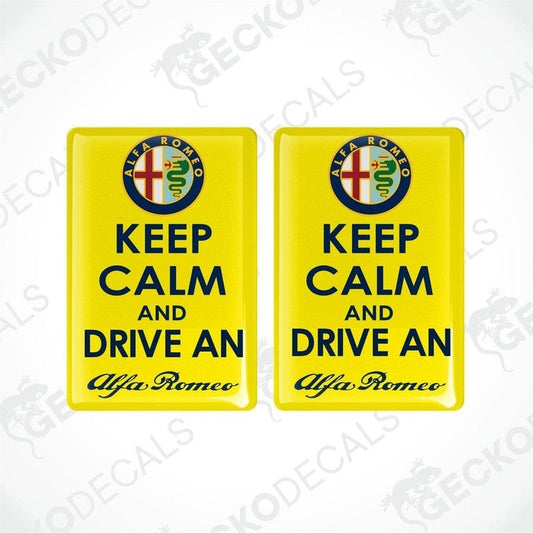 Two yellow rectangular vinyl decals with the text 'KEEP CALM AND DRIVE AN Alfa Romeo' and the Alfa Romeo logo.