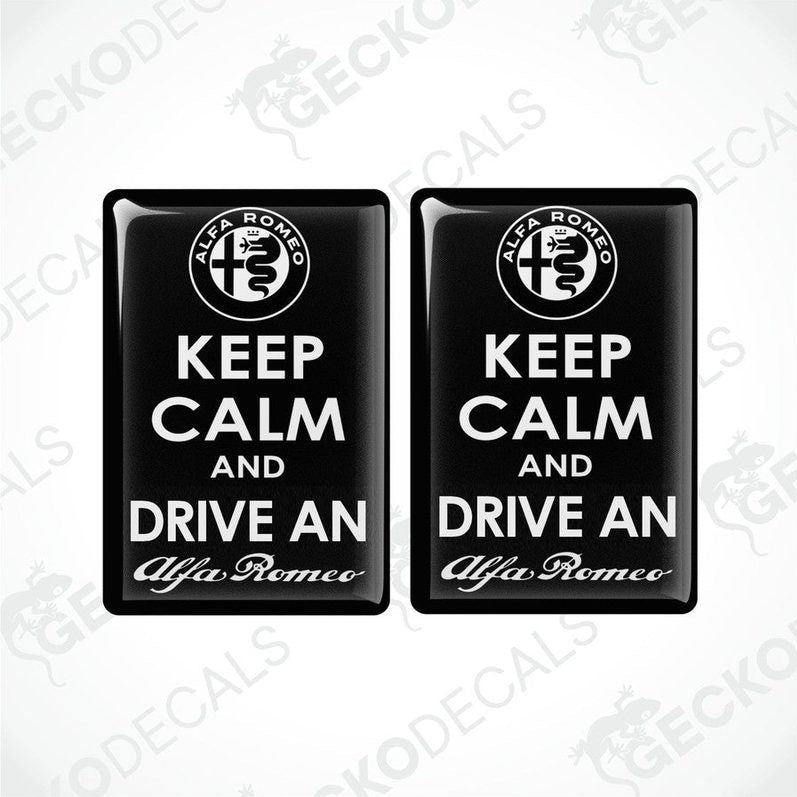 Two black vinyl stickers with the text 'KEEP CALM AND DRIVE AN ALFA ROMEO' and the Alfa Romeo logo.