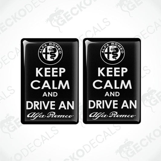 Two black vinyl stickers with the text 'KEEP CALM AND DRIVE AN ALFA ROMEO' and the Alfa Romeo logo.