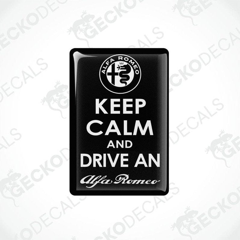 Two black vinyl stickers with the text 'KEEP CALM AND DRIVE AN ALFA ROMEO' and the Alfa Romeo logo.
