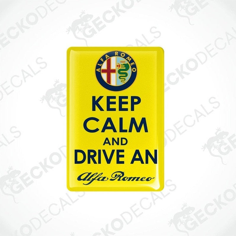 Two yellow rectangular vinyl decals with the text 'KEEP CALM AND DRIVE AN Alfa Romeo' and the Alfa Romeo logo.