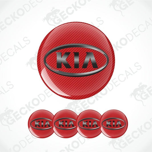 Red carbon fiber pattern Kia logo with five smaller logos below on a white background.