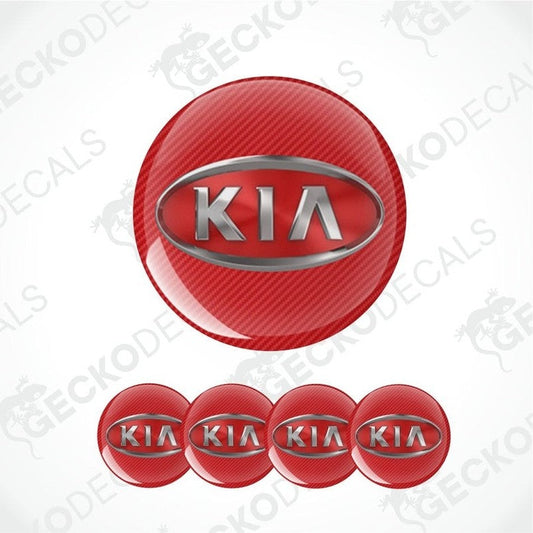 Red Kia logo with carbon fiber texture on a white background