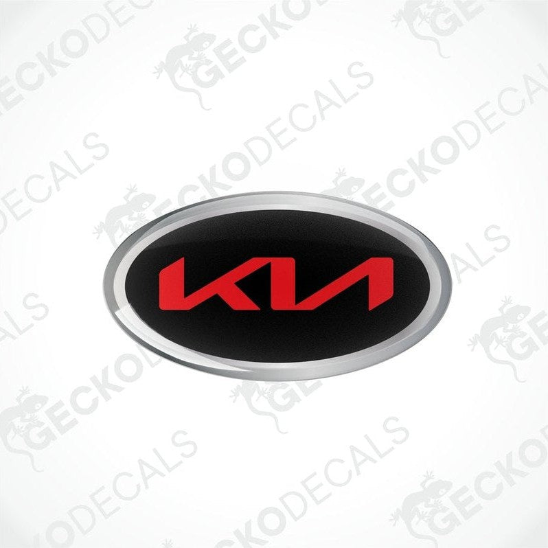 Oval-shaped vinyl decals with 'KIA' written in bold letters, predominantly red with black and silver accents.